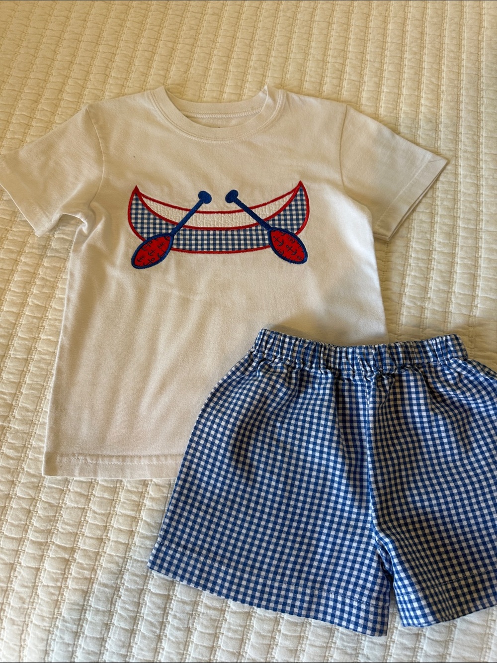 Kids White Canoe Appliqué Tee with Blue Gingham Shorts